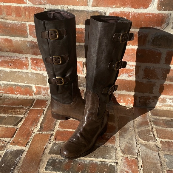 Stuart Weitzman Ludlow Leather Canvas Riding Boots - Picture 1 of 16